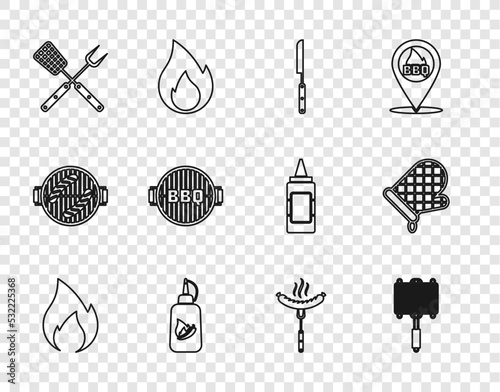 Set line Fire flame, Barbecue steel grid, knife, Ketchup bottle, Crossed fork and spatula, grill, Sausage on the and Oven glove icon. Vector