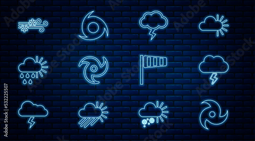 Set line Tornado, Storm, Cloudy with rain and sun, Wind snow, Cone windsock wind vane and icon. Vector