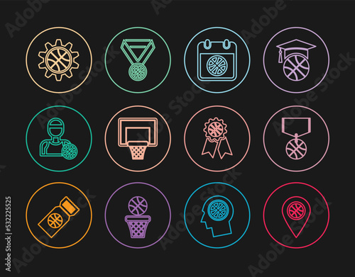 Set line Location with basketball ball, Basketball medal, sport calendar, backboard, player, Planning strategy concept, award and icon. Vector
