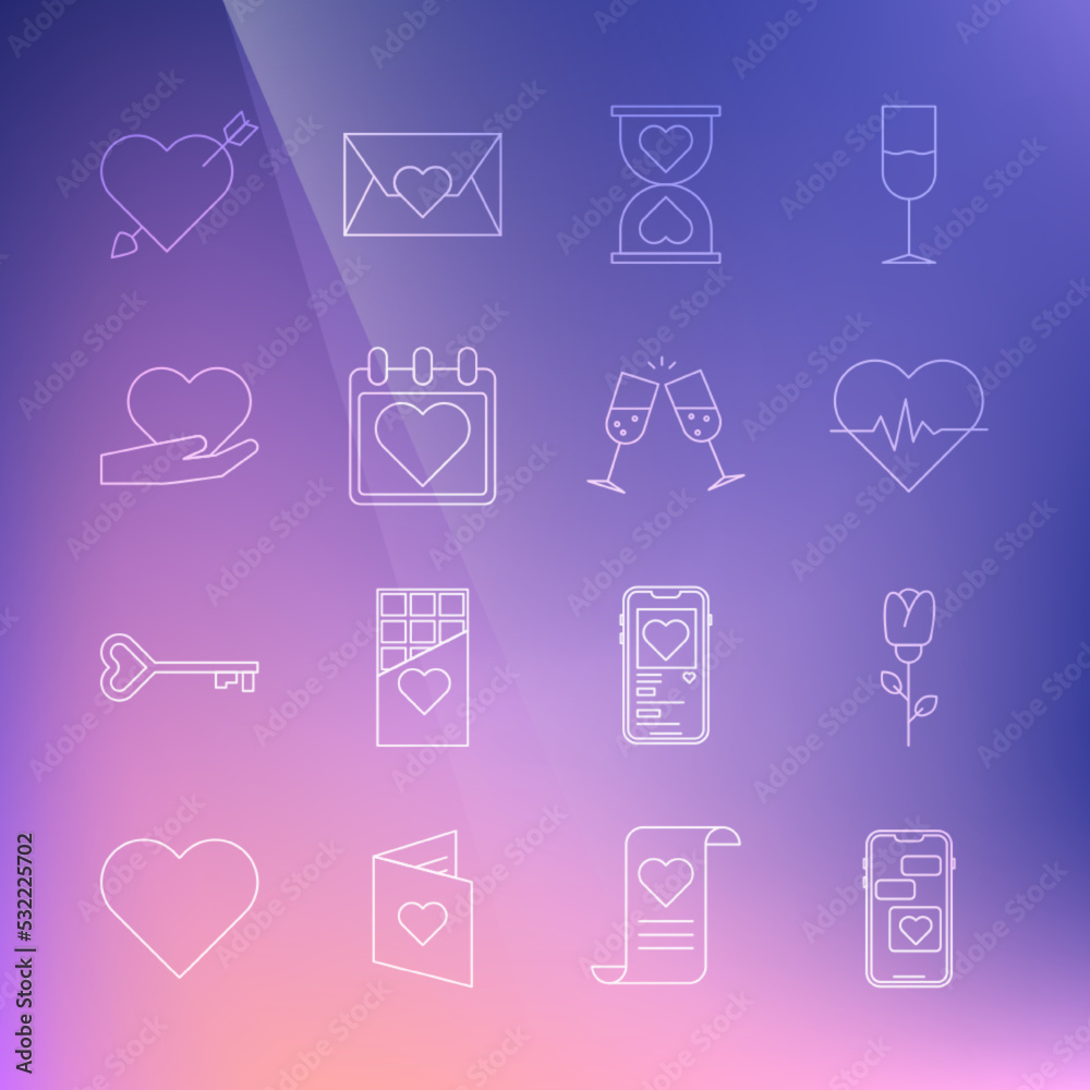 Set line Mobile with heart, Flower rose, Heart rate, in the center hourglass, Calendar, hand, Amour arrow and Glass of champagne icon. Vector