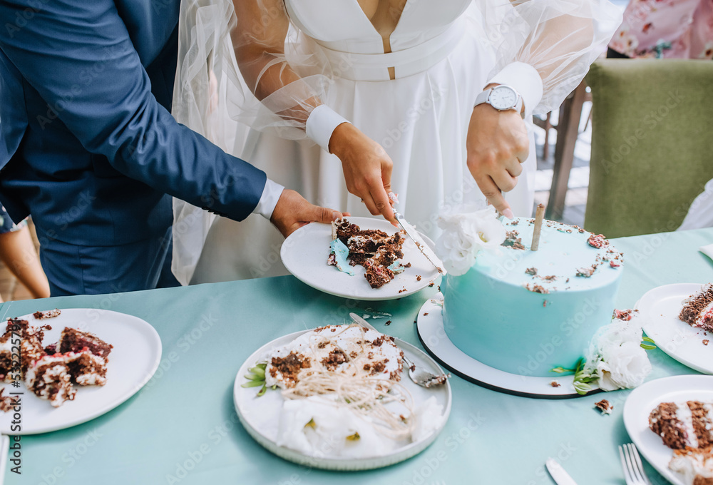 The bride and groom cut the sweet, delicious wedding cake, which is on the table, into a piece with a knife at the ceremony. Photography, dessert. The bride and groom cut the sweet, delicious wedding cake, which is on the table, into a piece with a knife at the ceremony. Photography, dessert.