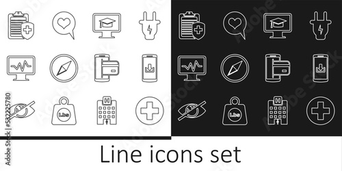 Set line Medical cross in circle, Smartphone with download, Monitor graduation cap, Wind rose, cardiogram, Clipboard medical insurance, NFC Payment and Heart speech bubble icon. Vector