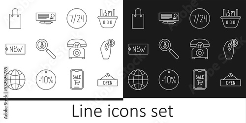 Set line Hanging sign with Open, Hand holding coin money, Clock 24 hours, Magnifying glass dollar, Price tag text New, Paper shopping bag, Telephone and Bank check icon. Vector