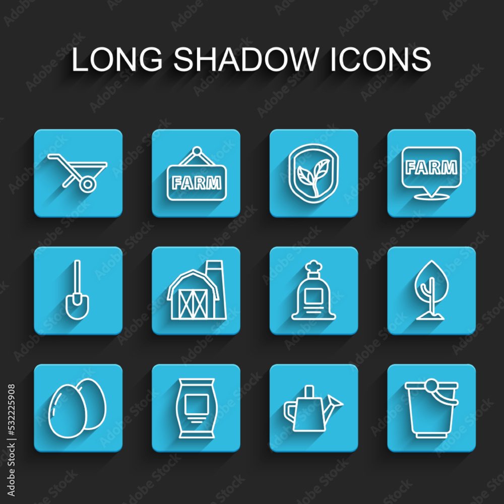 Set line Chicken egg, Fertilizer bag, Wheelbarrow, Watering can, Bucket, Farm house, Tree and Full sack icon. Vector Set line Chicken egg, Fertilizer bag, Wheelbarrow, Watering can, Bucket, Farm house, Tree and Full sack icon. Vector
