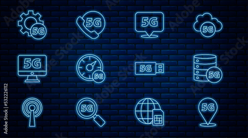 Set line Location 5G network, Server, Digital speed meter, Monitor with, Setting, modem and Phone icon. Vector