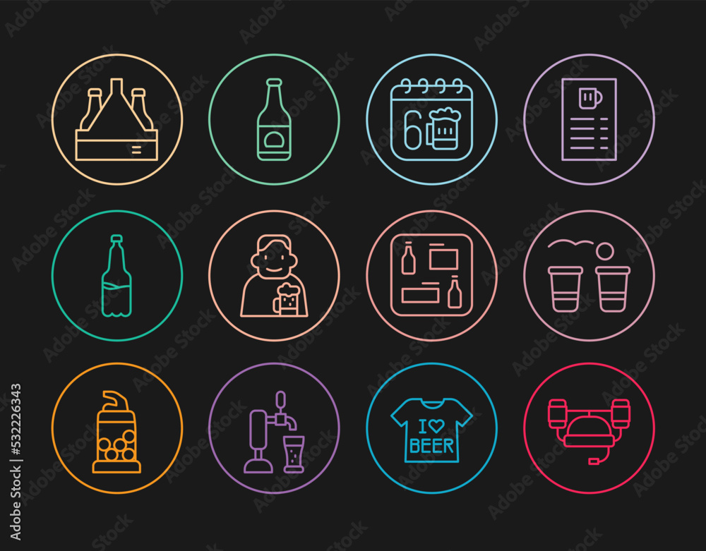 Set line Beer helmet, pong game, Saint Patricks day calendar, Happy man with beer, Plastic bottle, Pack of bottles, menu and icon. Vector