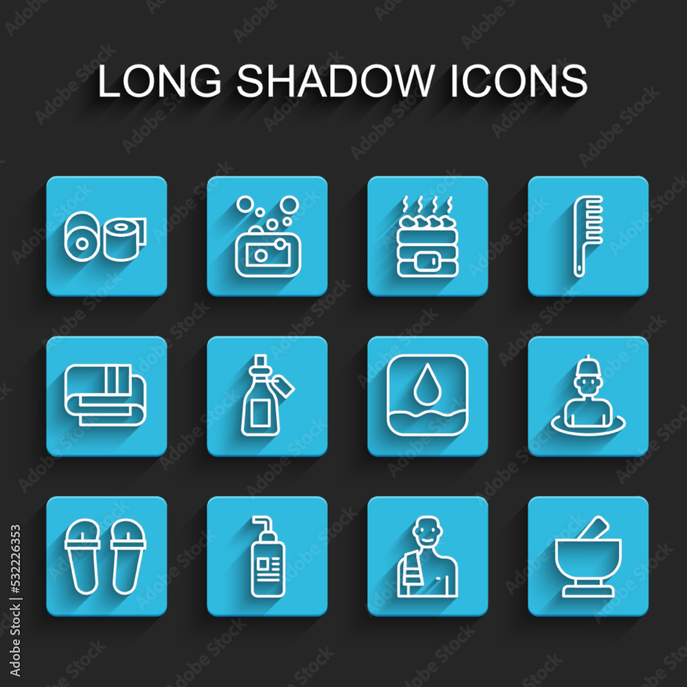 Set line Flip flops, Cream or lotion cosmetic tube, Toilet paper roll, Man in the sauna, Mortar and pestle, Essential bottle, and Water drop icon. Vector Set line Flip flops, Cream or lotion cosmetic tube, Toilet paper roll, Man in the sauna, Mortar and pestle, Essential bottle, and Water drop icon. Vector