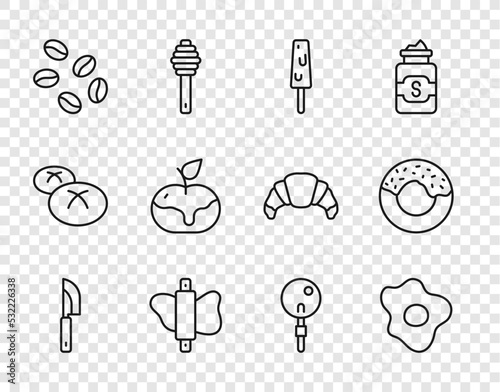 Set line Knife, Scrambled eggs, Ice cream, Rolling pin on dough, Coffee beans, Apple caramel, Lollipop and Donut icon. Vector
