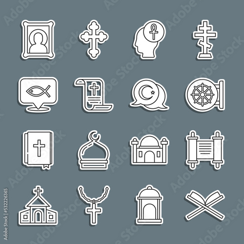 Set line Holy book of Koran, Decree, paper, parchment, scroll, Dharma wheel, Cross ankh, Christian fish, icon and Star and crescent icon. Vector