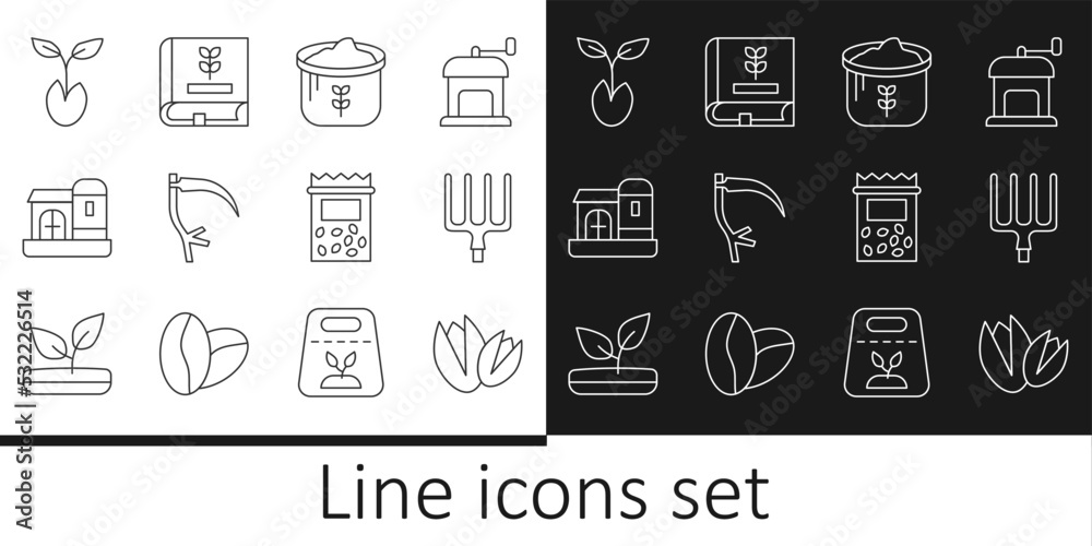 Set line Pistachio nuts, Garden pitchfork, Bag of flour, Scythe, Farm house, Sprout, Pack full seeds plant and Book about icon. Vector Set line Pistachio nuts, Garden pitchfork, Bag of flour, Scythe, Farm house, Sprout, Pack full seeds plant and Book about icon. Vector