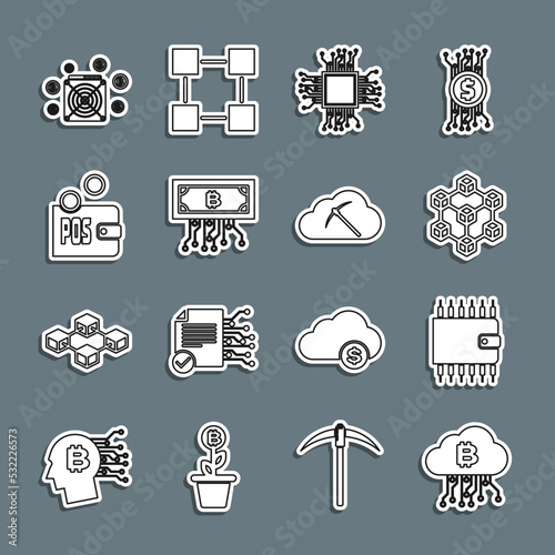 Set line Cryptocurrency cloud mining, wallet, Blockchain technology, Processor, bitcoin with circuit, Proof of stake, ASIC Miner and icon. Vector