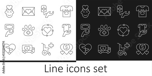 Set line Donation and charity, Clothes donation, Blood, Veterinary clinic, Volunteer, and Envelope with heart icon. Vector