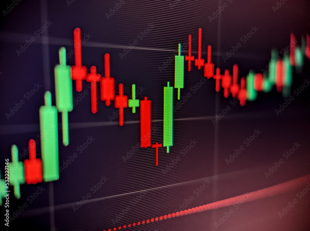 Stock market cryptocurrency price chart with red and green graph displayed on a pixelated monitor with dark background