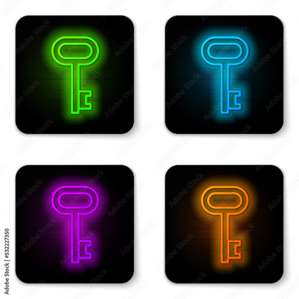 Glowing neon line House key icon isolated on white background. Black square button. Vector Glowing neon line House key icon isolated on white background. Black square button. Vector