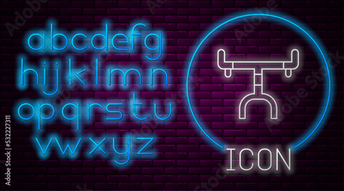 Glowing neon line Bicycle handlebar icon isolated on brick wall background. Neon light alphabet. Vector