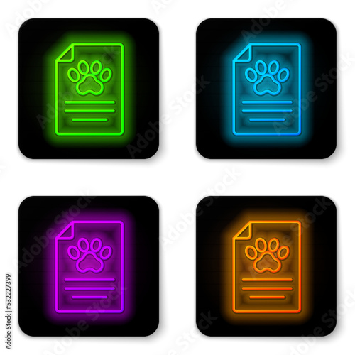 Glowing neon line Clipboard with medical clinical record pet icon isolated on white background. Health insurance form. Medical check marks report. Black square button. Vector