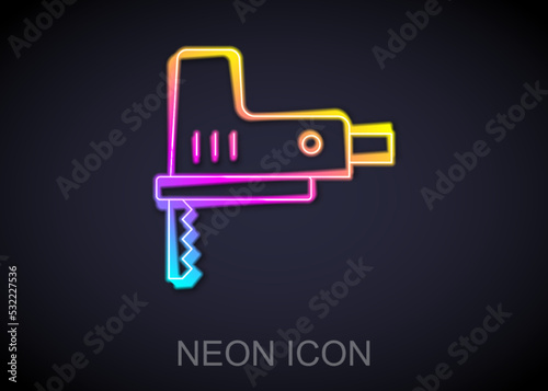 Glowing neon line Electric jigsaw with steel sharp blade icon isolated on black background. Power tool for woodwork. Vector