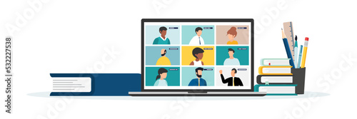 Home education concept. People study at home using a computer. Remote working. Video conference on laptop computer. Work from home and work from anywhere concept Vector.