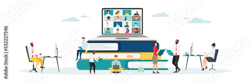 Home education concept. People study at home using a computer. Remote working. Video conference on laptop computer. Work from home and work from anywhere concept Vector.