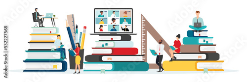 Home education concept. People study at home using a computer. Remote working. Video conference on laptop computer. Work from home and work from anywhere concept Vector.
