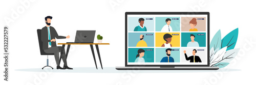 Home education concept. People study at home using a computer. Remote working. Video conference on laptop computer. Work from home and work from anywhere concept Vector.
