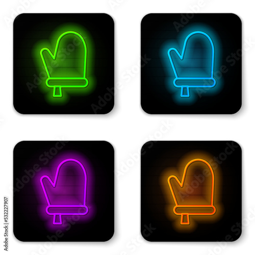 Glowing neon line Oven glove icon isolated on white background. Kitchen potholder sign. Cooking glove. Black square button. Vector