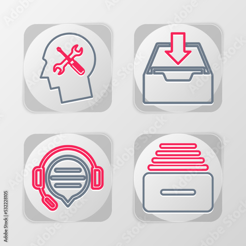 Set line Drawer with documents, Headphones speech bubble chat, Download inbox and Human head service icon. Vector