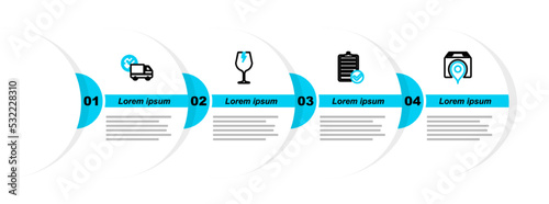 Set line Location with cardboard box, Verification of delivery list, Fragile broken glass and Delivery truck and clock icon. Vector