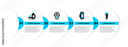 Set line Flashlight, Thermos container, Canteen water bottle and icon. Vector