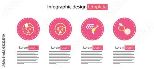 Set line Honeycomb with honey dipper, Orange fruit, Runny nose and Man having headache icon. Vector