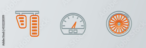 Set line Car wheel, gas and brake pedals and Speedometer icon. Vector