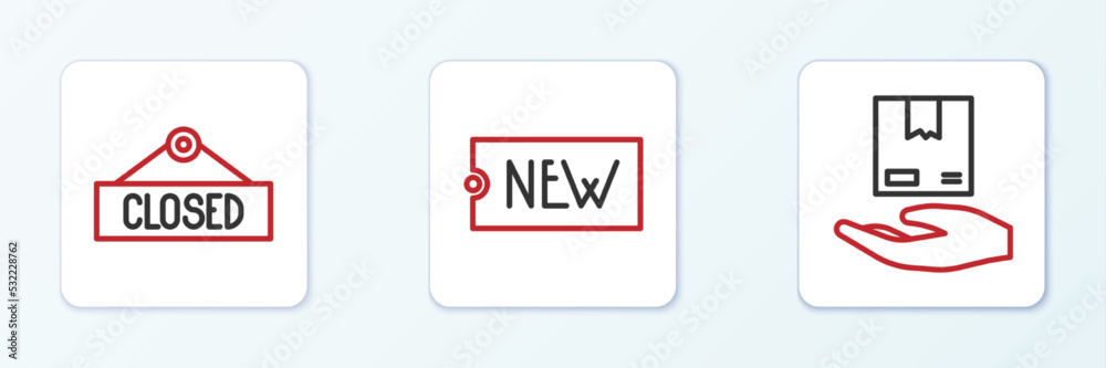 Set line Delivery hand with boxes, Hanging sign Closed and Price tag text New icon. Vector Set line Delivery hand with boxes, Hanging sign Closed and Price tag text New icon. Vector