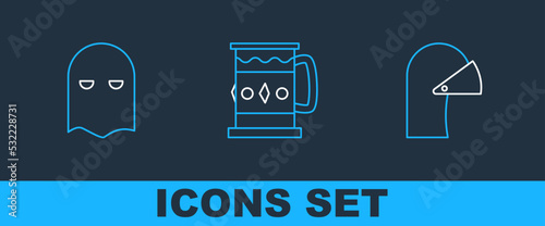 Set line Medieval iron helmet, Executioner mask and Wooden mug icon. Vector