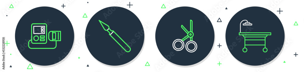 Set line Medical surgery scalpel, scissors, Blood pressure and Operating table icon. Vector Set line Medical surgery scalpel, scissors, Blood pressure and Operating table icon. Vector