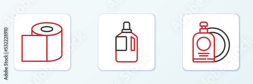 Set line Dishwashing liquid bottle and plate, Toilet paper roll and Fabric softener icon. Vector