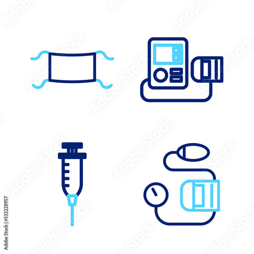 Set line Blood pressure, Syringe, and Medical protective mask icon. Vector