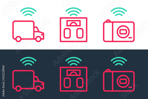 Set line Smart photo camera, truck and bathroom scales icon. Vector