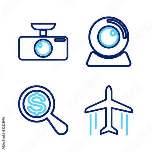 Set line Plane, Magnifying glass and dollar, Web camera and Car DVR icon. Vector