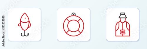 Set line Fisherman, Fishing lure and Lifebuoy icon. Vector