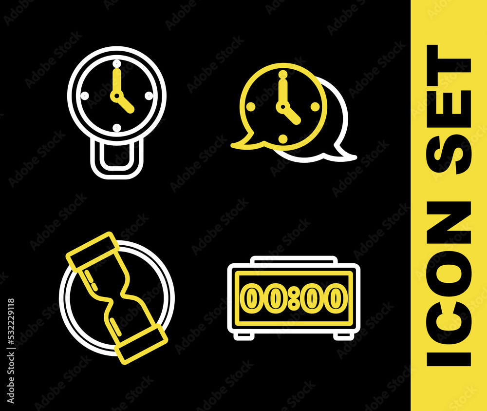 Set line Clock speech bubble, Digital alarm clock, Old hourglass and icon. Vector Set line Clock speech bubble, Digital alarm clock, Old hourglass and icon. Vector