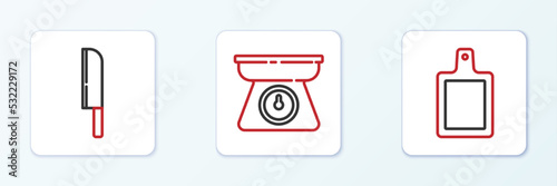 Set line Cutting board, Knife and Scales icon. Vector