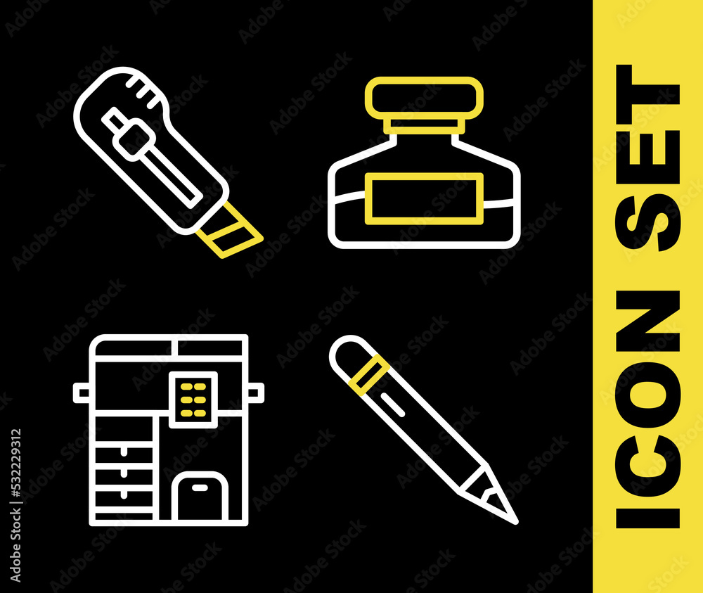 Set line Ink bottle, Pencil with eraser, Copy machine and Stationery knife icon. Vector Set line Ink bottle, Pencil with eraser, Copy machine and Stationery knife icon. Vector
