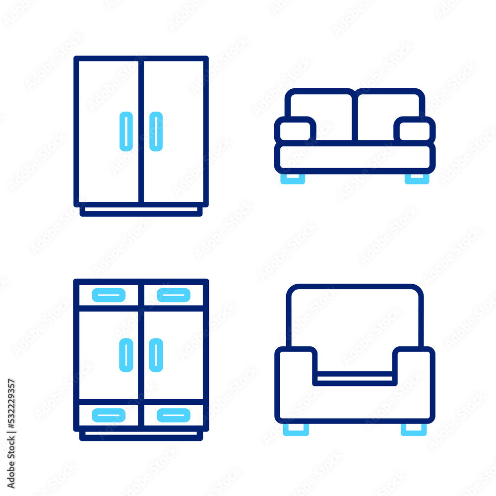 Set line Armchair, Wardrobe, Sofa and icon. Vector Set line Armchair, Wardrobe, Sofa and icon. Vector