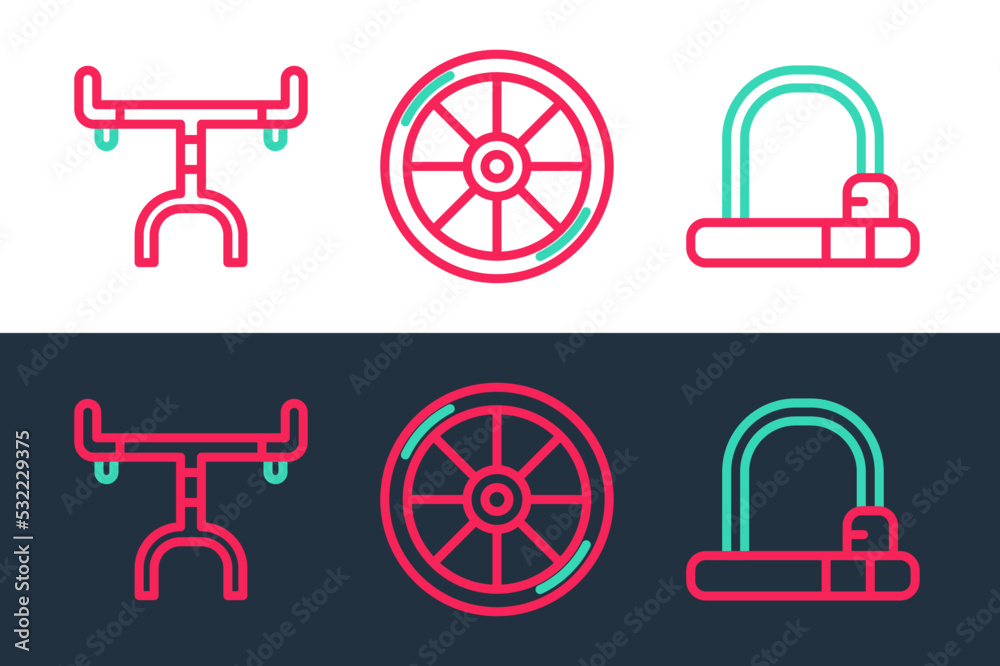 Set line Bicycle lock, handlebar and wheel icon. Vector