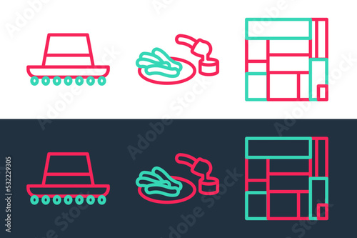 Set line House Edificio Mirador, Spanish hat and Churros and chocolate icon. Vector