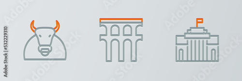Set line Prado museum, Bull and Aqueduct of Segovia icon. Vector