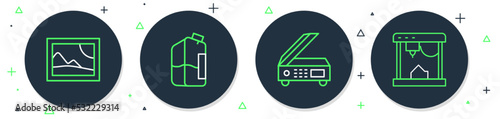 Set line Printer ink bottle, Scanner, Picture landscape and 3D printer icon. Vector