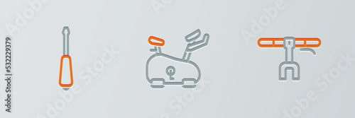 Set line Bicycle handlebar, Screwdriver and Stationary bicycle icon. Vector