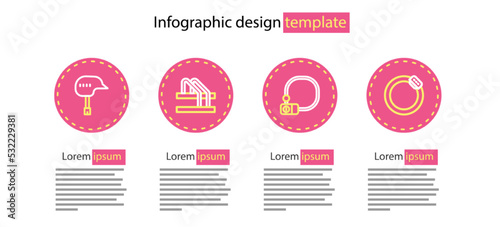 Set line Bicycle lock, brake disc, parking and helmet icon. Vector