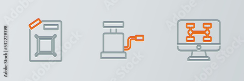 Set line Diagnostics condition of car, Canister for gasoline and Car air pump icon. Vector